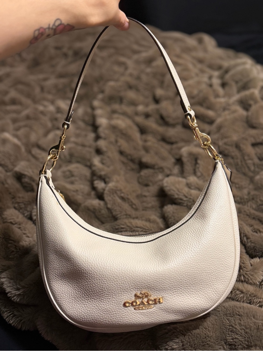 Coach Cream Pebbled Leather Crescent Shoulder Bag with Gold Hardware
